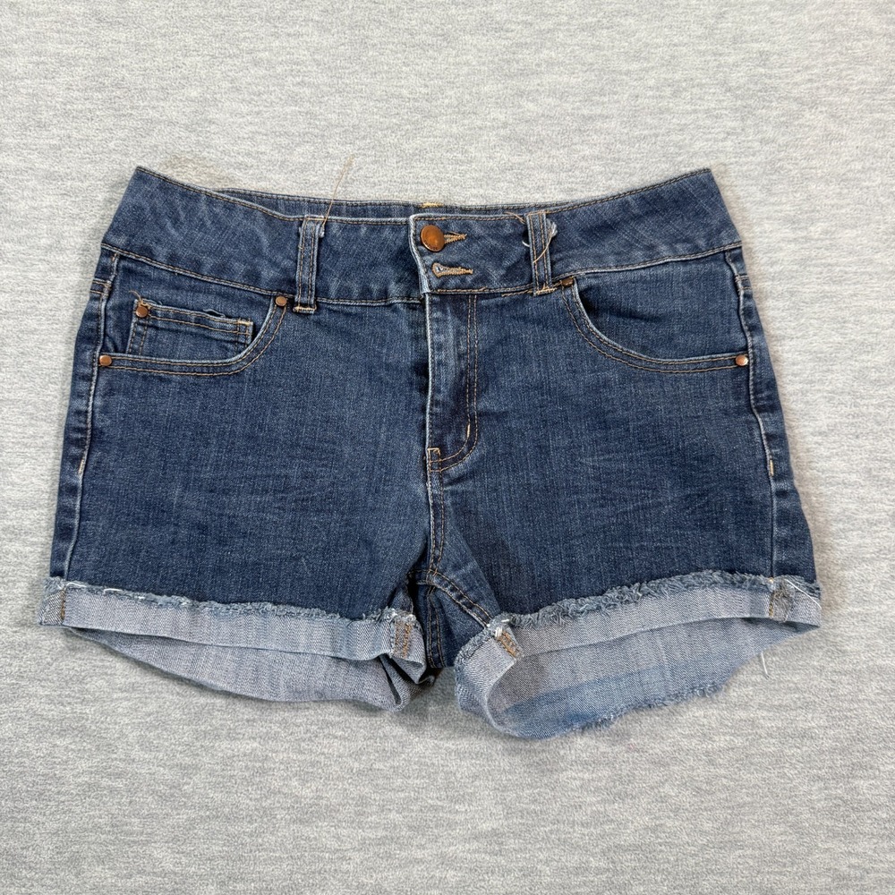 Refuge Denim Shorts Women M Blue Jean Frayed Hem Rolled Cuff High Rise Stretch